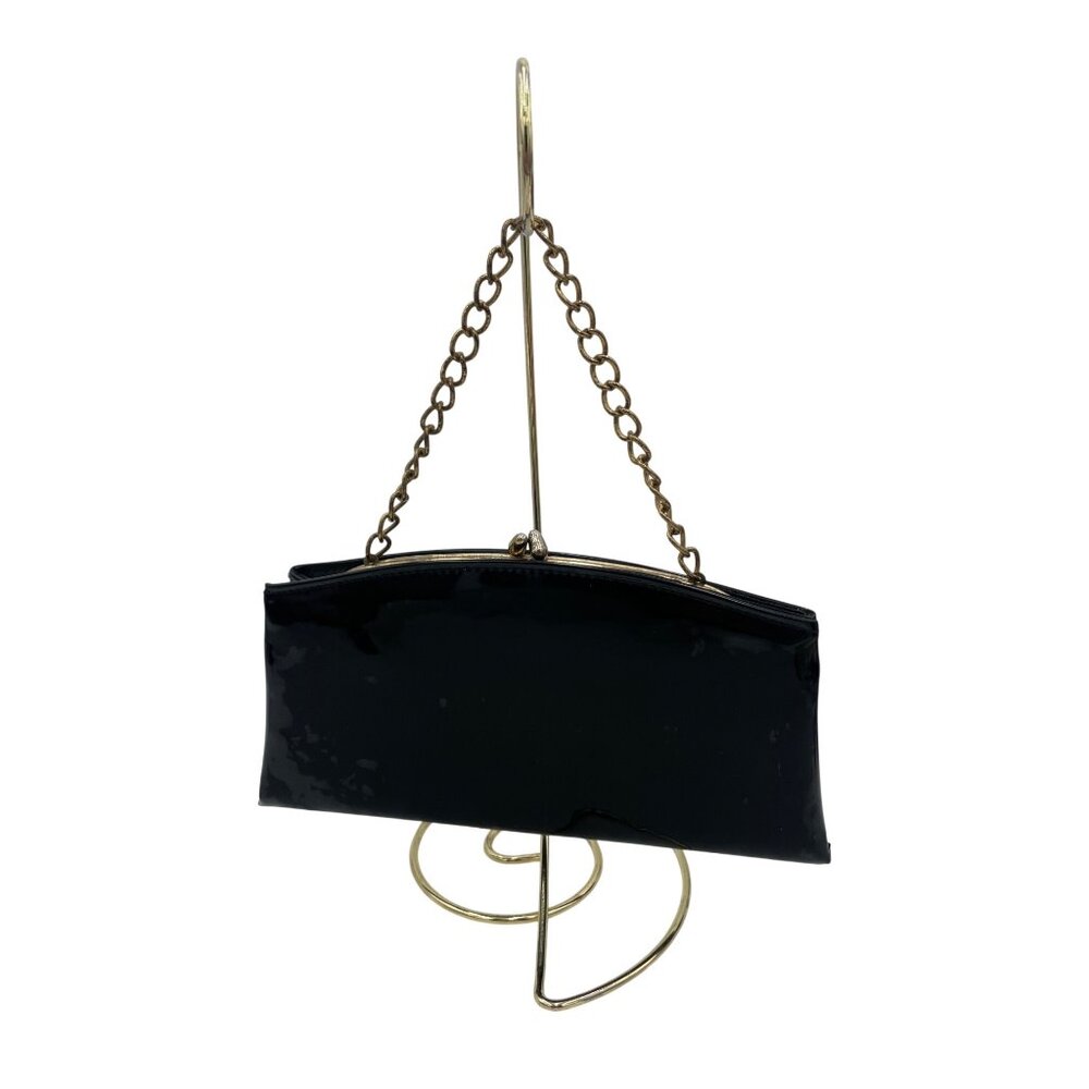 Vintage Black Patent Leather Clutch Purse Gold Chain Handle & Kiss Lock Closure